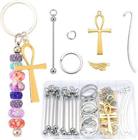 10 Pcs Beadable Bookmark Making kit Blanks DIY Metal Bookmarks with 5 Gold Cross & 5 Gold Wing Charms, Beaded Craft Jewelry Making Kit for Book Lovers, Includes Storage Box in Saudi Arabia