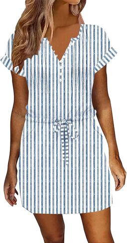 ETCYY Womens Summer Dresses 2026 Sundresses Beach Vacation Drawstring Waist Tshirt Short Sleeve Dress with Pockets in Kuwait