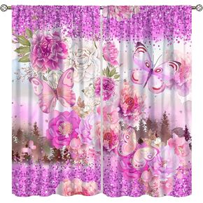 ستائر فراشة وردية للفتيات، ألوان مائية طبيعة خيالية غابة نباتية جميلة ورقة زهرة فراشة ستائر نافذة مطبوعة للأطفال غرفة نوم غرفة المعيشة 42 × 45 بوصة (بدون تعتيم) in Kuwait