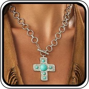 Boho Chunky Gold Turquoise Cross Pendant Necklace for Women Vintage Crucifix Country Western Choker Necklaces Unique Statement Jewelry Accessories in Kuwait