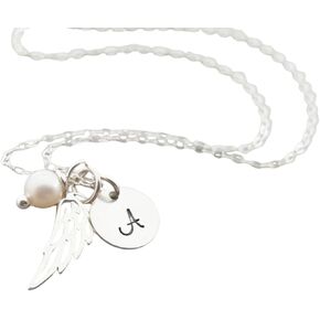 Sterling Silver Angel Wing Necklace – Personalized Memorial Jewelry with Initial & Pearl, Handmade in Kuwait
