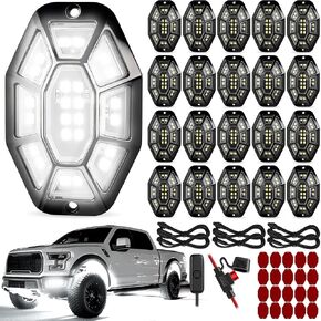 20 كبسولة 540 LED 9 جوانب مجموعة أضواء الصخور البيضاء النقية مع تسخير الأسلاك التبديل، 6500K 5050 SMD LED أضواء تحت التوهج، IP67 مقاوم للماء التوصيل والتشغيل أضواء الصخور للشاحنات بيك اب الطرق الوعرة ATV UTV SUV in Kuwait