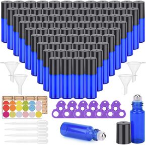 Easytle 96 Pack Essential Oil Roller Bottles 5ml Blue Glass, Reusable, Leak-Proof, UV Protection, Travel & Personal Care, 384 Labels, 8 Opener, 16 Funnels, 16 Droppers in Kuwait