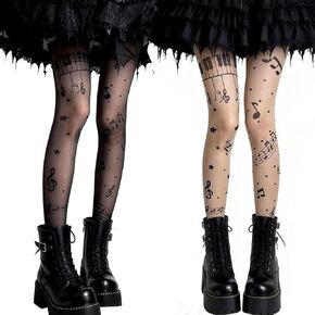 2-Pack Music Note Tights - Patterned Sheer Pantyhose for Women | Y2K Gothic Lolita Leggings | Fun Clothes Accessories in Kuwait