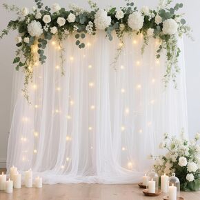 Tulle Backdrop Curtain with Lights String 10FT X 10FT Champagne Sheer Tulle Backdrop Curtains for Wedding Birthday Party Reception Photo Booth Background Decorations (2 Panels 5x10FT) in Kuwait