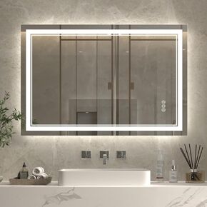 مرآة LED مقاس 40 × 32 بوصة من ExBrite للحمام، مرآة زينة بإضاءة أمامية وخلفية LED، مرآة حمام مضيئة مثبتة على الحائط مع أضواء، أضواء خافتة، 3 ألوان، مضادة للضباب، ذاكرة، مقاومة للكسر in Kuwait