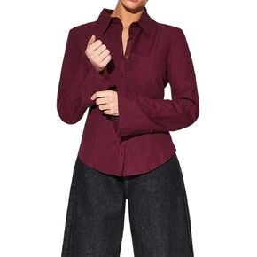 Women Basic Button Down Shirts Long Sleeve Lapel Collar Tight Blouse Summer Slim Fit Office Work Blouse Top in Kuwait