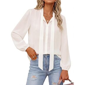 Womens Plus Button Down Shirts Chiffon Long Sleeve Tops for Women Bow Tie Neck Blouse Elegant Business Casual Outfits in Saudi Arabia