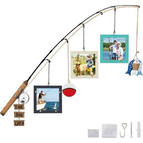 Wooden Fishing Pole Picture Frame Wall Decor with Three 4"x4" Picture Frames,Real Fishing Rod Design,Fishing Gifts for Men,Hanging Fishing Decoration for Cabin,Lake House,Boys Room,Fishing Lovers,Fisherman, Easter in Saudi Arabia