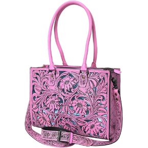 American Darling Western Tote Bag Handcrafted from Pink Hand-Tooled Genuine Leather | Floral Carved Purse with Dual Front Zip Pockets in Kuwait