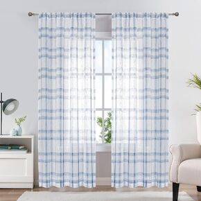 Randall Buffalo Plaid Semi Sheer Curtains for Living Room Linen-Look Geometric Light Filtering Dining Room Window Drape for Farmhouse Bedroom Study Room,Blue/White,54x84 inch Long,2 Panels in Kuwait