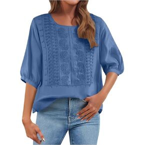 Oplxuo Cotton Linen Tops for Women Half Sleeve Gauze Shirts Embroidered Tops Loose Vacation Beach Solid Boho Floral Blouses in Kuwait