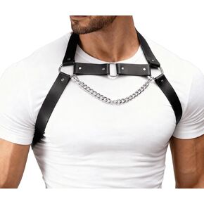 حزام صدر من الجلد الصناعي قابل للتعديل للرجال مع سلسلة من السبائك، حزام كتف قوطي فاسق للمهرجانات، النادي، ملابس تنكرية (الصدر 18.1-21.3 بوصة) in Kuwait