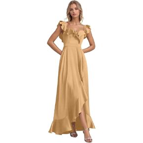 Satin Bridesmaid Dress for Women Ruffles A Line Long Prom Dress with Pockets High Low Formal Evening Gown with Slit in Kuwait