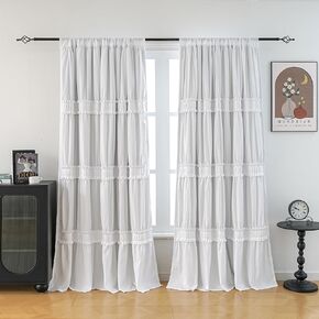 Thermal Insulated Blackout Window Curtains, 52" W x 84" L x 2 Panels, Boho Ruched Window Treatments with 3 Rows of Ruffle, Rustic Rod Pocket Drapes for Bedroom (White, 84" L x 52" W) in Kuwait