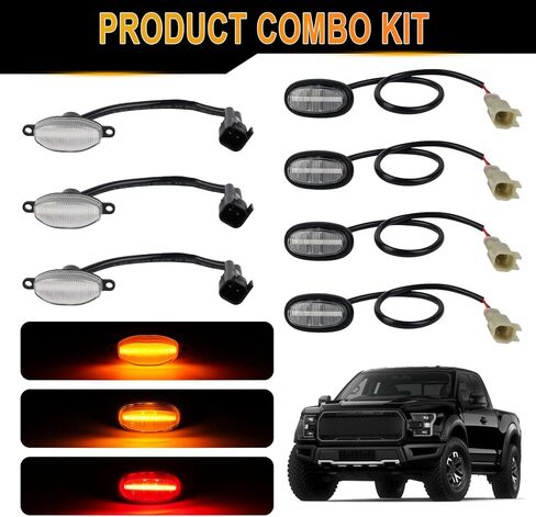 7 قطع من مصابيح الشبكة الأمامية LED ومجموعة كومبو لعلامات الانعطاف الجانبية LED متوافقة مع F150 / F150 Rap-tor 2016-2020 كهرمان أمامي/خلفي أحمر إشارة الانعطاف استبدال مصباح واضح لين in Kuwait