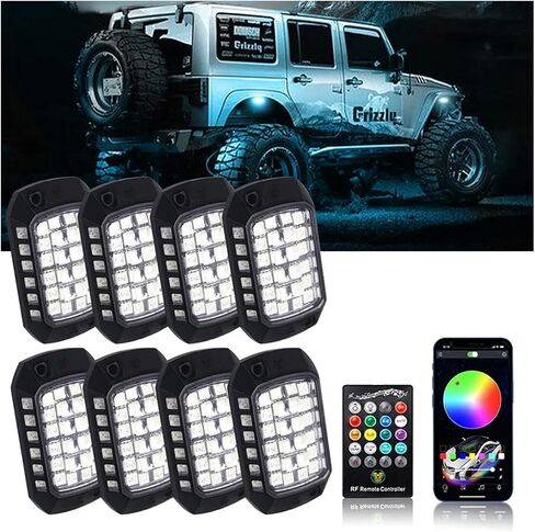 Car RGB Rock Lights, 8 Pods 36 LEDs High Brights Multicolor Underglow Neon Lighting Kit with APP Control, Automotive Exterior Wheel Well Glow Kit, Universal for SUV RV Truck in Kuwait