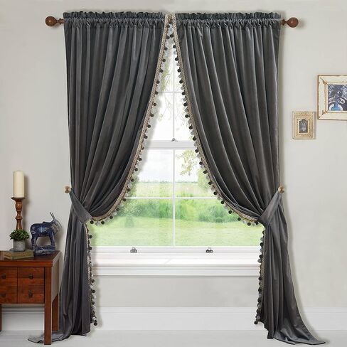 StangH Luxury Pom Pom Velvet Curtains - Grey Room Darkening Window Decorative Curtains for Bedroom Thermal Insulated Rod Pocket Drapes for Living Room/Closet, W52 x L84, 2 Panels & Tiebacks in Kuwait