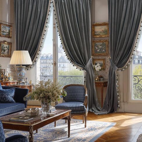 StangH Luxury Pom Pom Velvet Curtains - Grey Room Darkening Window Decorative Curtains for Bedroom Thermal Insulated Rod Pocket Drapes for Living Room/Closet, W52 x L84, 2 Panels & Tiebacks in Kuwait