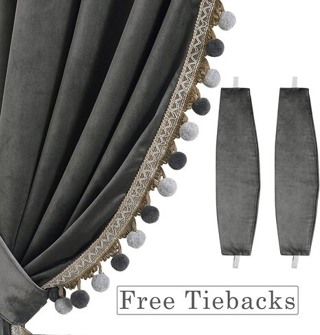 StangH Luxury Pom Pom Velvet Curtains - Grey Room Darkening Window Decorative Curtains for Bedroom Thermal Insulated Rod Pocket Drapes for Living Room/Closet, W52 x L84, 2 Panels & Tiebacks in Kuwait