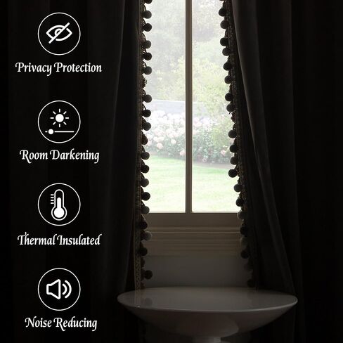 StangH Luxury Pom Pom Velvet Curtains - Grey Room Darkening Window Decorative Curtains for Bedroom Thermal Insulated Rod Pocket Drapes for Living Room/Closet, W52 x L84, 2 Panels & Tiebacks in Kuwait