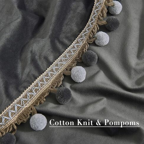 StangH Luxury Pom Pom Velvet Curtains - Grey Room Darkening Window Decorative Curtains for Bedroom Thermal Insulated Rod Pocket Drapes for Living Room/Closet, W52 x L84, 2 Panels & Tiebacks in Kuwait