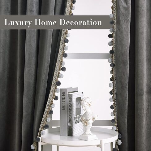 StangH Luxury Pom Pom Velvet Curtains - Grey Room Darkening Window Decorative Curtains for Bedroom Thermal Insulated Rod Pocket Drapes for Living Room/Closet, W52 x L84, 2 Panels & Tiebacks in Kuwait