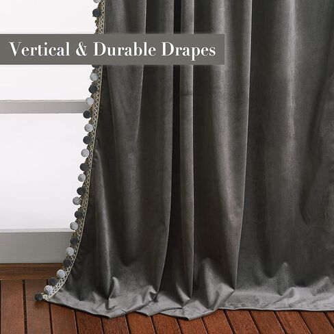 StangH Luxury Pom Pom Velvet Curtains - Grey Room Darkening Window Decorative Curtains for Bedroom Thermal Insulated Rod Pocket Drapes for Living Room/Closet, W52 x L84, 2 Panels & Tiebacks in Kuwait