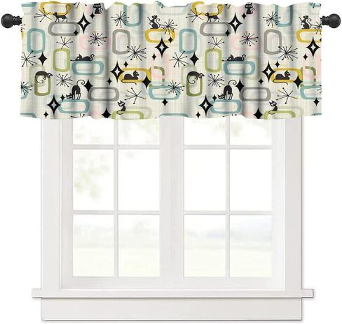 Mid Century Black Cat Window Valance Curtains Atomic Starburst Abstract Geometric 1950s 60s Style Pattern Short Curtain for Kitchen Living Room Bathroom Windows W54xL18in in Kuwait