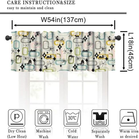Mid Century Black Cat Window Valance Curtains Atomic Starburst Abstract Geometric 1950s 60s Style Pattern Short Curtain for Kitchen Living Room Bathroom Windows W54xL18in in Kuwait