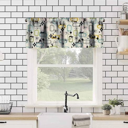 Mid Century Black Cat Window Valance Curtains Atomic Starburst Abstract Geometric 1950s 60s Style Pattern Short Curtain for Kitchen Living Room Bathroom Windows W54xL18in in Kuwait