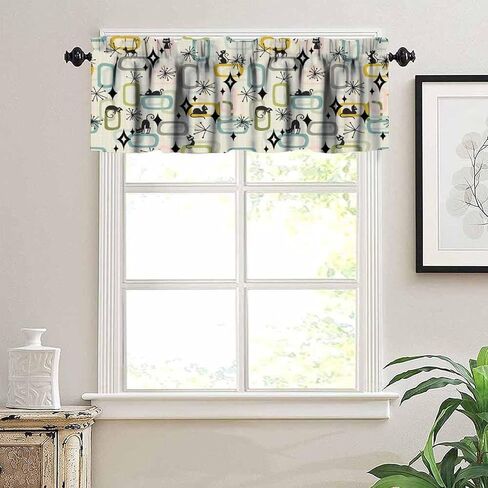 Mid Century Black Cat Window Valance Curtains Atomic Starburst Abstract Geometric 1950s 60s Style Pattern Short Curtain for Kitchen Living Room Bathroom Windows W54xL18in in Kuwait