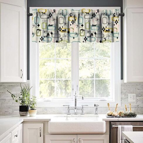 Mid Century Black Cat Window Valance Curtains Atomic Starburst Abstract Geometric 1950s 60s Style Pattern Short Curtain for Kitchen Living Room Bathroom Windows W54xL18in in Kuwait