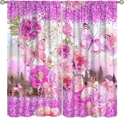 ستائر فراشة وردية للفتيات، ألوان مائية طبيعة خيالية غابة نباتية جميلة ورقة زهرة فراشة ستائر نافذة مطبوعة للأطفال غرفة نوم غرفة المعيشة 42 × 45 بوصة (بدون تعتيم) in Kuwait