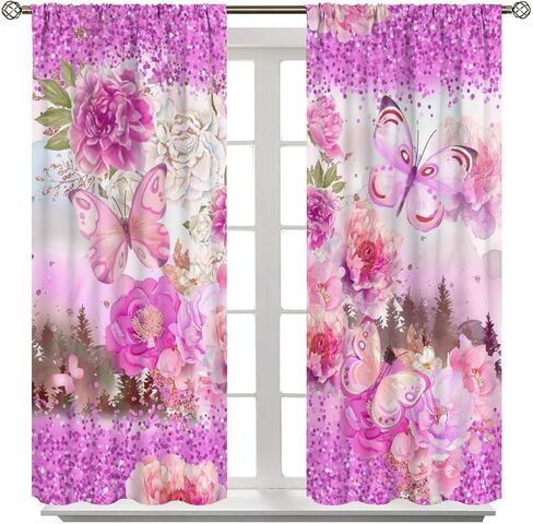 ستائر فراشة وردية للفتيات، ألوان مائية طبيعة خيالية غابة نباتية جميلة ورقة زهرة فراشة ستائر نافذة مطبوعة للأطفال غرفة نوم غرفة المعيشة 42 × 45 بوصة (بدون تعتيم) in Kuwait