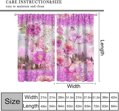 ستائر فراشة وردية للفتيات، ألوان مائية طبيعة خيالية غابة نباتية جميلة ورقة زهرة فراشة ستائر نافذة مطبوعة للأطفال غرفة نوم غرفة المعيشة 42 × 45 بوصة (بدون تعتيم) in Kuwait