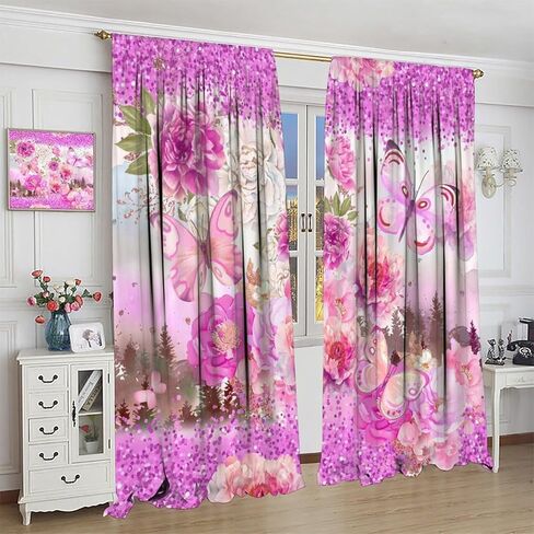 ستائر فراشة وردية للفتيات، ألوان مائية طبيعة خيالية غابة نباتية جميلة ورقة زهرة فراشة ستائر نافذة مطبوعة للأطفال غرفة نوم غرفة المعيشة 42 × 45 بوصة (بدون تعتيم) in Kuwait
