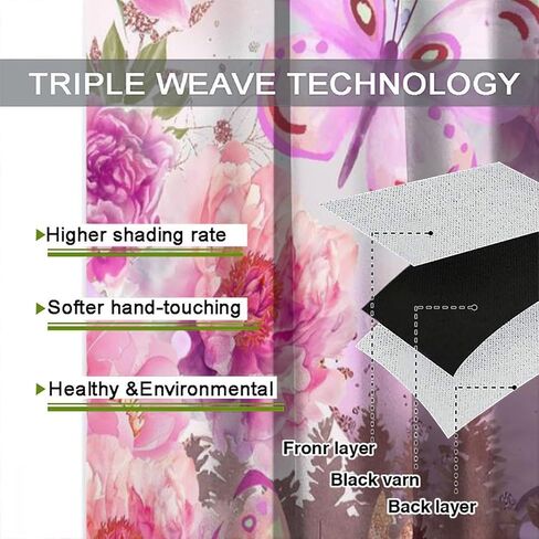 ستائر فراشة وردية للفتيات، ألوان مائية طبيعة خيالية غابة نباتية جميلة ورقة زهرة فراشة ستائر نافذة مطبوعة للأطفال غرفة نوم غرفة المعيشة 42 × 45 بوصة (بدون تعتيم) in Kuwait