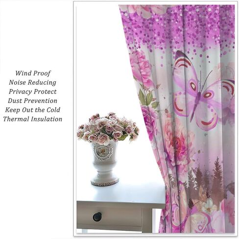 ستائر فراشة وردية للفتيات، ألوان مائية طبيعة خيالية غابة نباتية جميلة ورقة زهرة فراشة ستائر نافذة مطبوعة للأطفال غرفة نوم غرفة المعيشة 42 × 45 بوصة (بدون تعتيم) in Kuwait