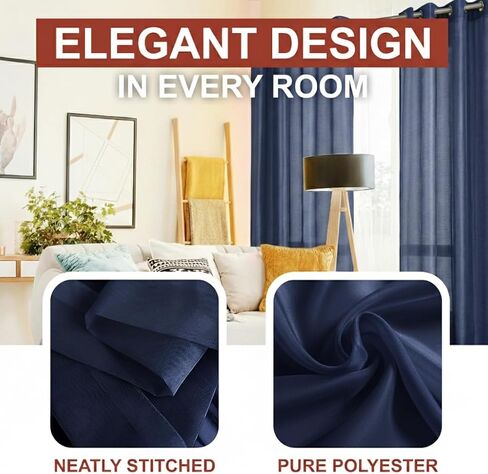 ستائر YHSF شفافة بحلقات معدنية، بطول 63 بوصة، مجموعة من لوحتين، مقاس 54 بوصة عرض × 63 بوصة طول، أزرق داكن in Kuwait