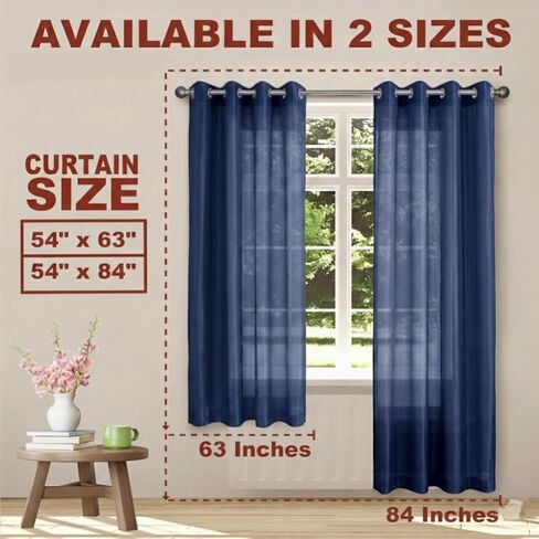 ستائر YHSF شفافة بحلقات معدنية، بطول 63 بوصة، مجموعة من لوحتين، مقاس 54 بوصة عرض × 63 بوصة طول، أزرق داكن in Kuwait