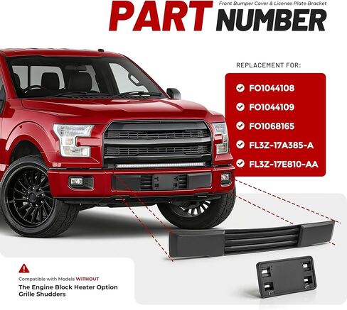 Front Bumper Cover & License Plate Bracket Compatible with 2015-2017 Ford F150 W/O Engine Block Heater Option&Grille Shudders Replace for FL3Z17E810AA FL3Z17A385A FO1044108 FO1068165 FO1044109 in Kuwait