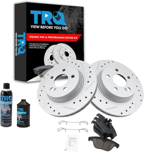 TRQ Rear Brake Pad & Rotor Kit Ceramic Premium G-Coated Slotted X Drilled Compatible with 2012-2014 Mercedes-Benz C250 2013-2014 C300 2008-2015 C350 2010-2012 E350 2010-2013 E550 in Saudi Arabia