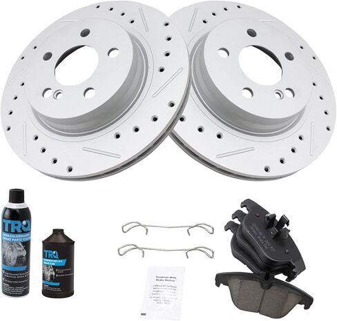 TRQ Rear Brake Pad & Rotor Kit Ceramic Premium G-Coated Slotted X Drilled Compatible with 2012-2014 Mercedes-Benz C250 2013-2014 C300 2008-2015 C350 2010-2012 E350 2010-2013 E550 in Saudi Arabia