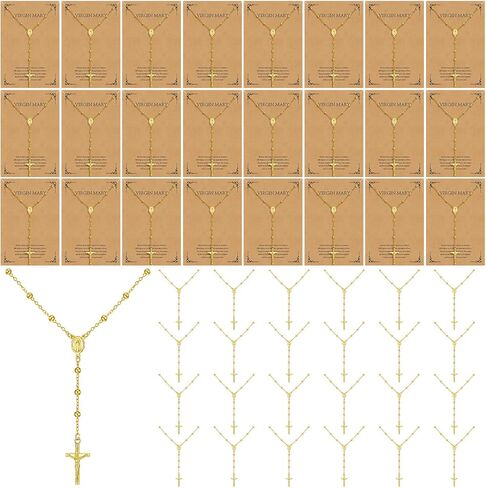 Kenning 24 Pcs Easter Rosary Favors Virgin Mary Necklaces Gold Rosary Cross Necklace for Women and Men with 24 Inspirational Cards Baptism Religious Jewelry for Christening Wedding in Saudi Arabia