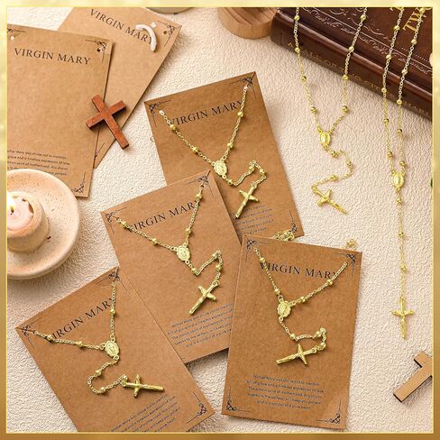 Kenning 24 Pcs Easter Rosary Favors Virgin Mary Necklaces Gold Rosary Cross Necklace for Women and Men with 24 Inspirational Cards Baptism Religious Jewelry for Christening Wedding in Saudi Arabia