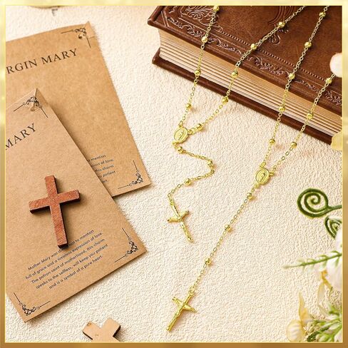 Kenning 24 Pcs Easter Rosary Favors Virgin Mary Necklaces Gold Rosary Cross Necklace for Women and Men with 24 Inspirational Cards Baptism Religious Jewelry for Christening Wedding in Saudi Arabia