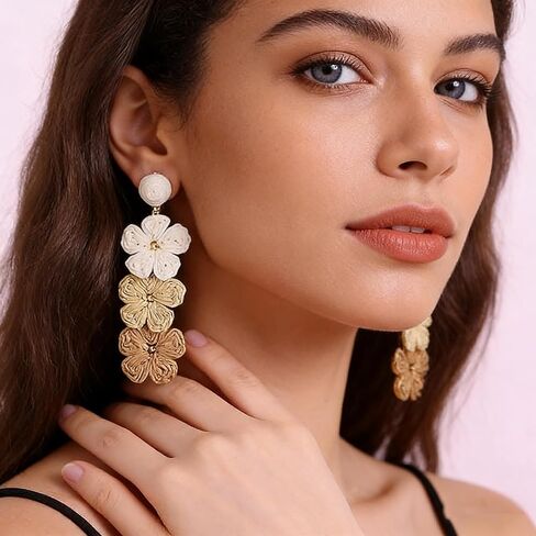 أقراط زهرة الرافية الصيفية، قش الرافية ملفوفة على شكل منحدر متدرج الأزهار بيان ربيع شاطئ الروطان القرط المصنوع يدويًا للنساء، هدية مجوهرات بوهو المتدلية - أبيض/وردي/أزرق in Kuwait