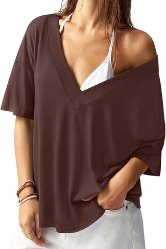 REORIA Women's Trendy Oversized V-Neck T Shirt Drop Shoulder Contrast Stitching Loose Fit Tops for 2026 Spring Summer in Saudi Arabia
