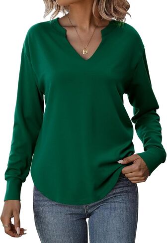 Totatuit بلوزات للنساء الخامس الرقبة كم طويل قمصان فضفاضة خفيفة الوزن منحني هيم بلوزة كاجوال بلايز 2025 خريف غابة خضراء كبيرة in Kuwait